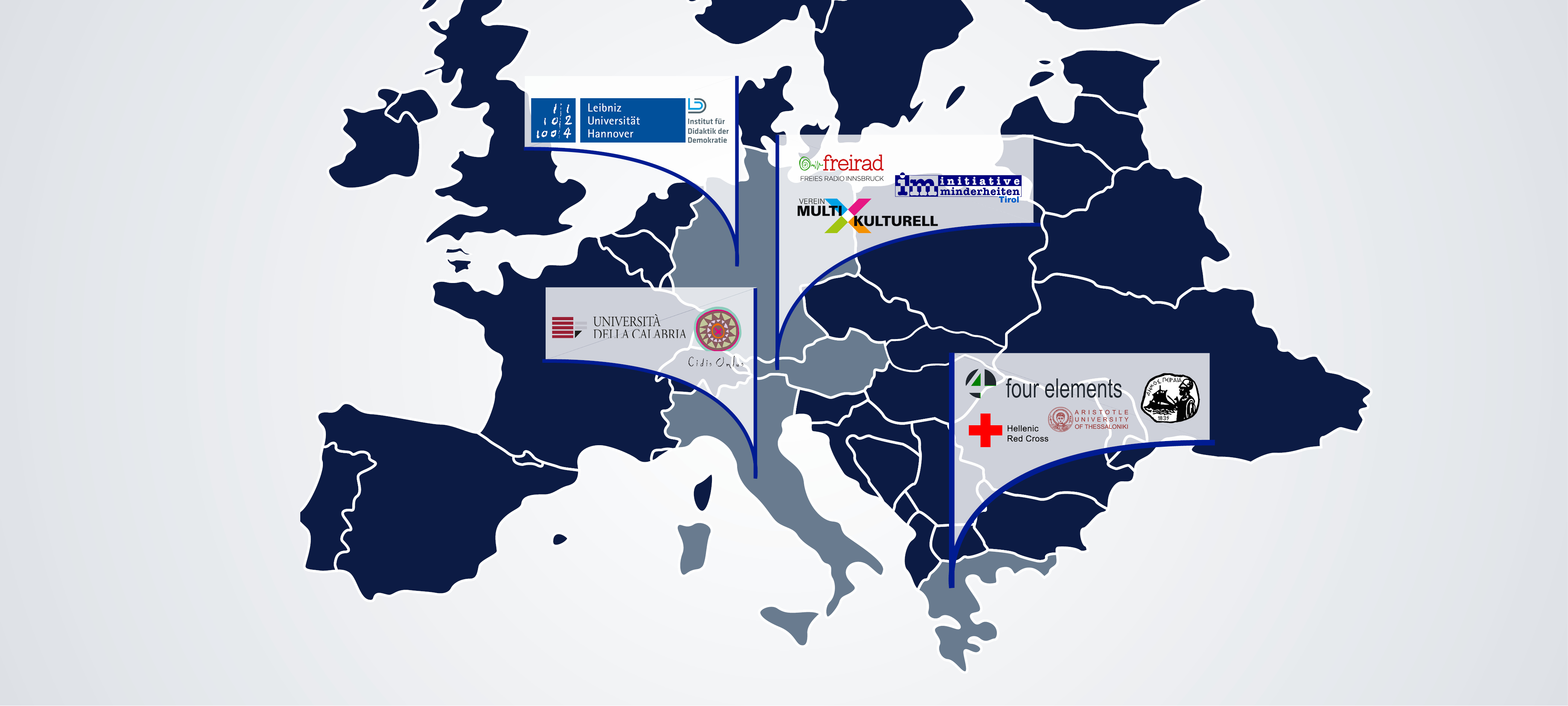 Karte von Europa mit Logos der Partnerorganisationen in ihren jeweiligen Ländern