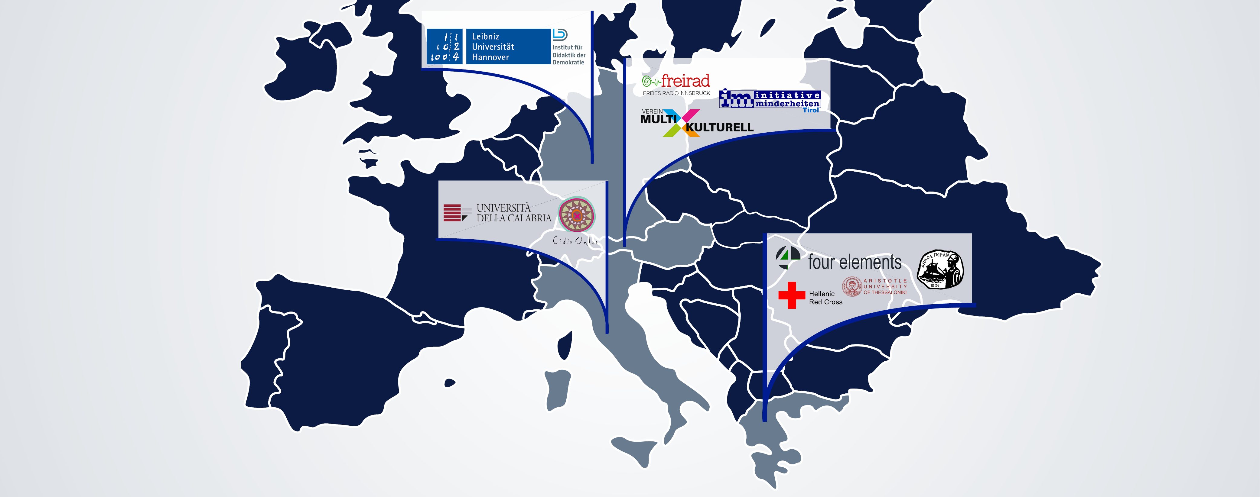 European map showing the logos of the partner organisations in their respective countries.